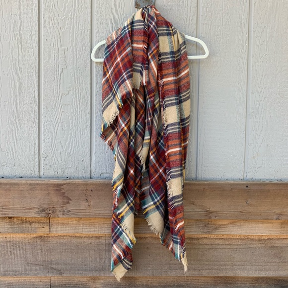 Vintage super soft checkered plaid neutral tone frayed hem blanket throw scarf - Picture 5 of 10